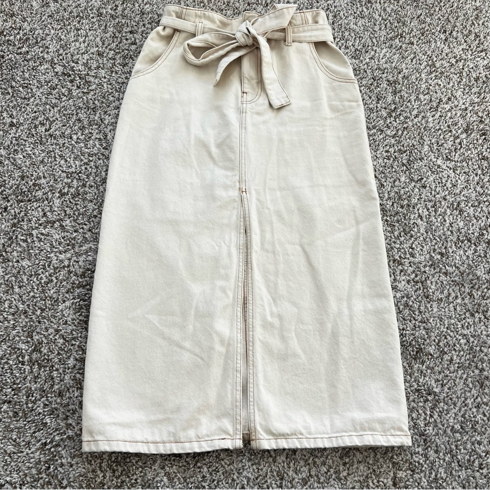 Antonio Melani Cream Denim Tie-Waist Midi Skirt Sz 2